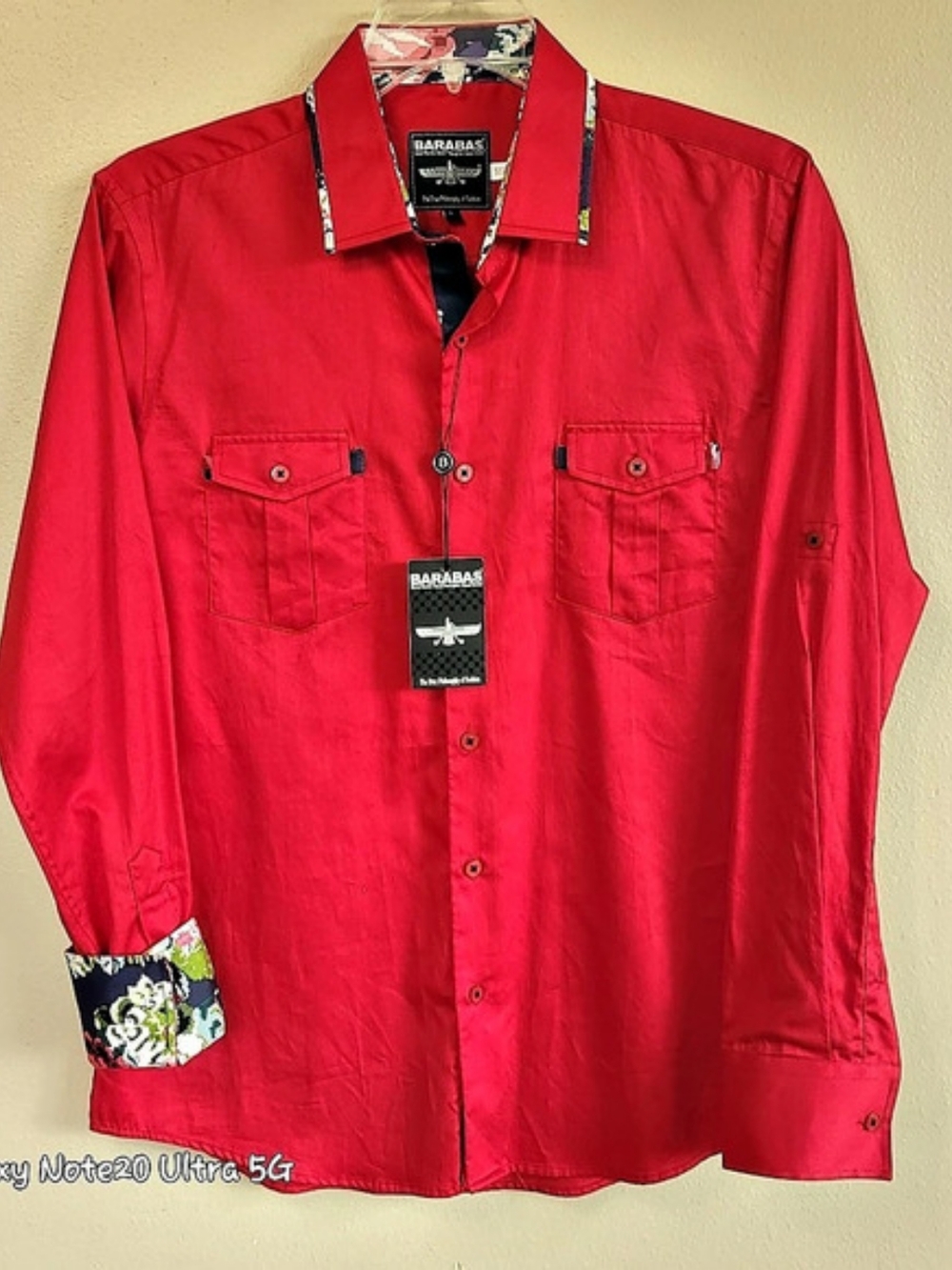 Barabas Mens Long Sleeve Button Down Shirt M Red Floral Contrast Cuff Collar
